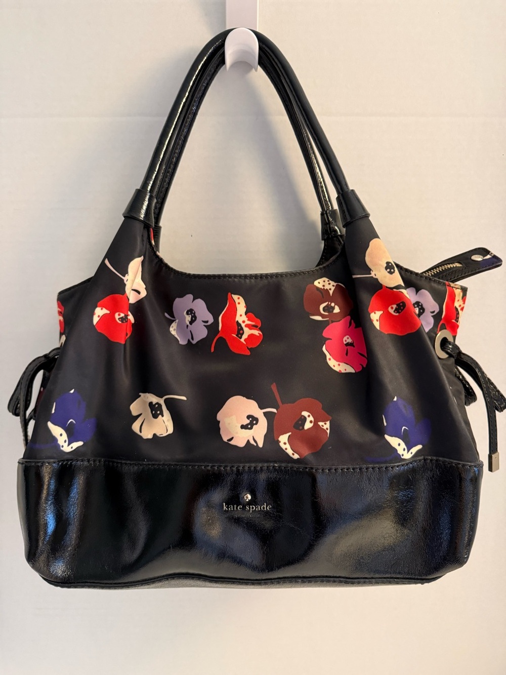 🌸 Kate Spade New York Floral Print Tote Shoulder Bag Black Patent Leather